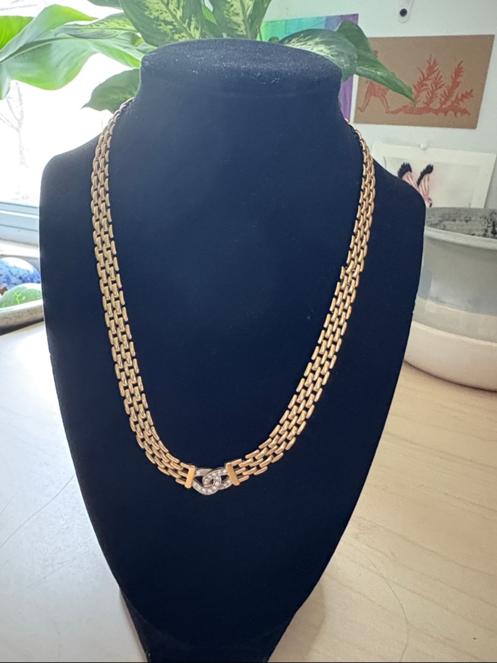 Gold-Tone Double Strand Chain Necklace with Pavé Twist
